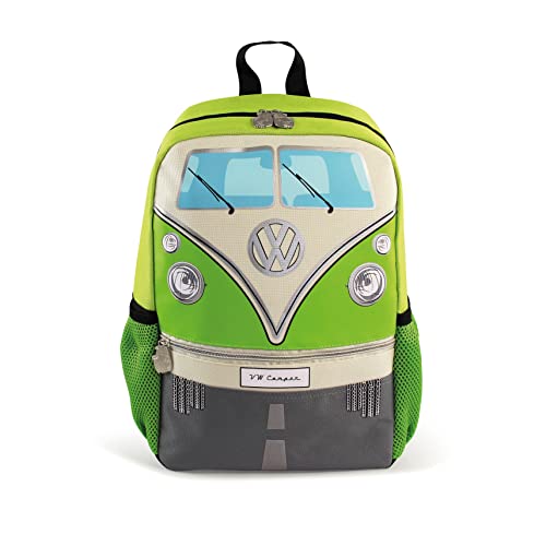 BRISA VW Collection - Volkswagen Kleiner Wander-Rucksack-Tages-Uni-Rucksack im T1 Bulli Bus Design (15l/Klein/Bus Front/Grün) von BRISA