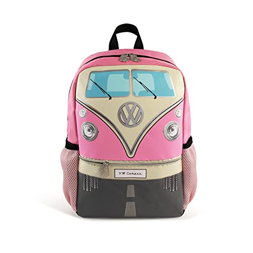 BRISA VW Collection - Volkswagen Kleiner Wander-Rucksack-Tages-Uni-Rucksack im T1 Bulli Bus Design (15l/Klein/Bus Front/Rosa) von BRISA