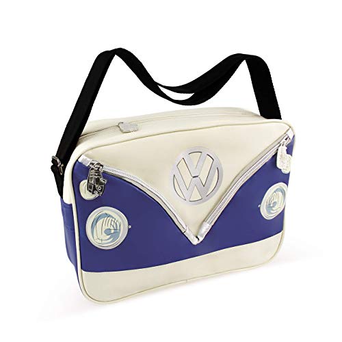 BRISA VW Collection - Große Unisex Volkswagen Schulter-Umhänge-Reise-Tasche-Freizeit-Bag mit T1 Bulli Bus Motiv (Bus Front/Blau/34cm) von BRISA