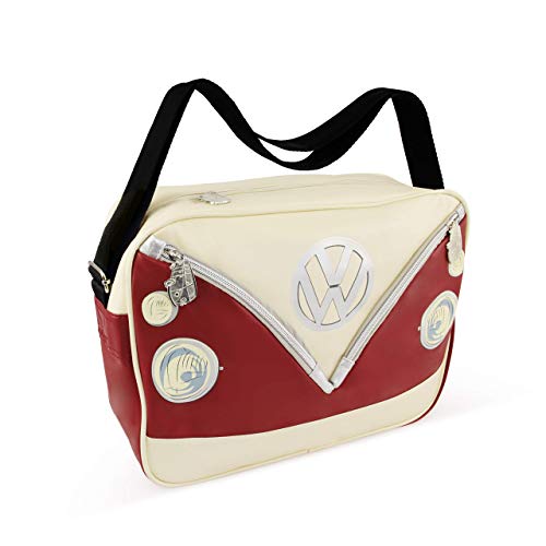 BRISA VW Collection - Volkswagen Schulter-Umhänge-Reise-Tasche-Freizeit-Bag mit T1 Bulli Bus Motiv (Bus Front/Rot/Unisex/34cm) von BRISA