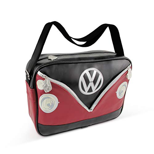 BRISA VW Collection - Große Unisex Volkswagen Schulter-Umhänge-Reise-Tasche-Freizeit-Bag mit T1 Bulli Bus Motiv (Bus Front/Schwarz/34cm) von BRISA
