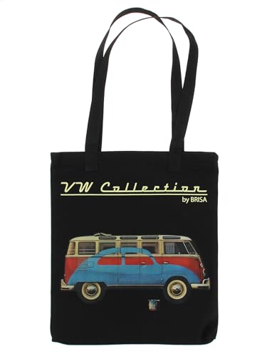 BRISA VW Collection - Volkswagen Werbetasche-Shopper-Bag-Einkaufs-Beutel mit VW Bulli Samba & Käfer Print (Schwarz) von BRISA