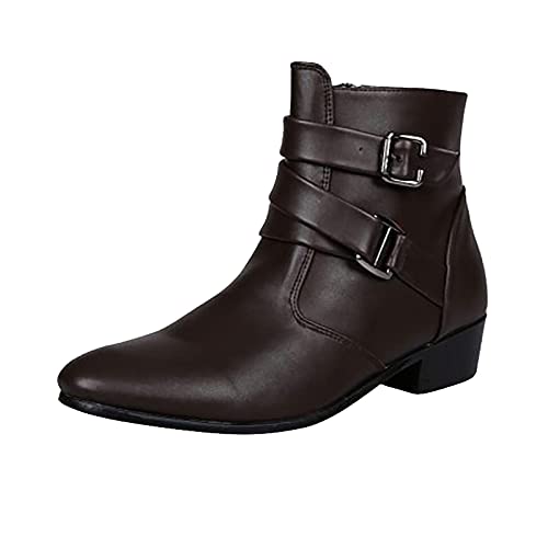 BRISEZZ Herren Kurze Stiefel Runde Zehe Einfarbig Dicker Absatz Niedrige Stiefel Schnalle Seitlicher Ankle Booties mit Reißverschluss Männer Warmer Schneestiefel Flache Stiefeletten（Braun，41） von BRISEZZS