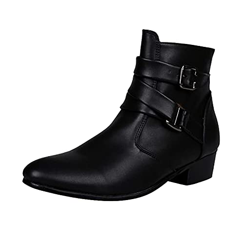 BRISEZZ Herren Kurze Stiefel Runde Zehe Einfarbig Dicker Absatz Niedrige Stiefel Schnalle Seitlicher Ankle Booties mit Reißverschluss Männer Warmer Schneestiefel Flache Stiefeletten（Schwarz，41） von BRISEZZS