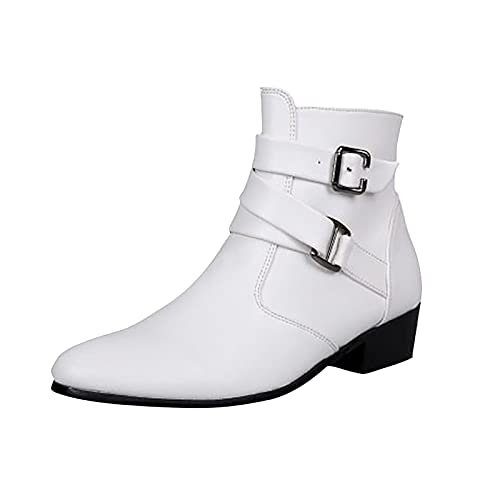 BRISEZZ Herren Kurze Stiefel Runde Zehe Einfarbig Dicker Absatz Niedrige Stiefel Schnalle Seitlicher Ankle Booties mit Reißverschluss Männer Warmer Schneestiefel Flache Stiefeletten（Weiß，39） von BRISEZZS