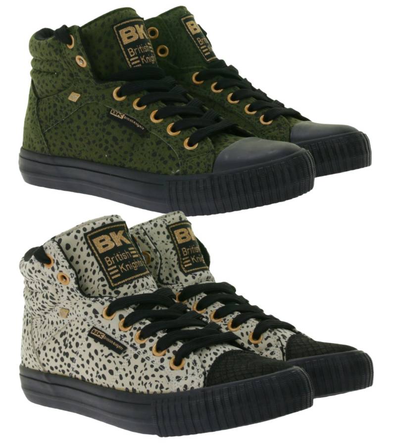 BRITISH KNIGHTS Dee Damen Mid-Top Sneaker mit Geparden-Muster Schnür-Schuhe mit verstärktem Zehenbereich in Oliv-Grün oder Beige/Schwarz von BRITISH KNIGHTS