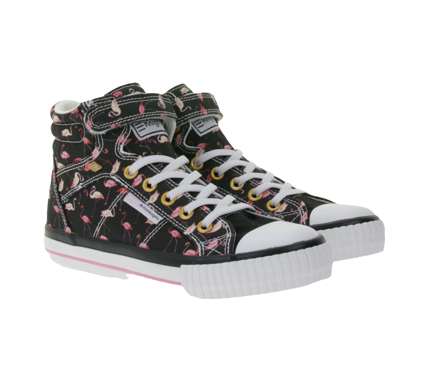 BRITISH KNIGHTS Dee Kinder Mid-Top Sneaker mit Flamingos Mädchen Schnür-Schuhe mit verstärktem Zehenbereich B49-3733C-01 Schwarz/Pink/Weiß von BRITISH KNIGHTS