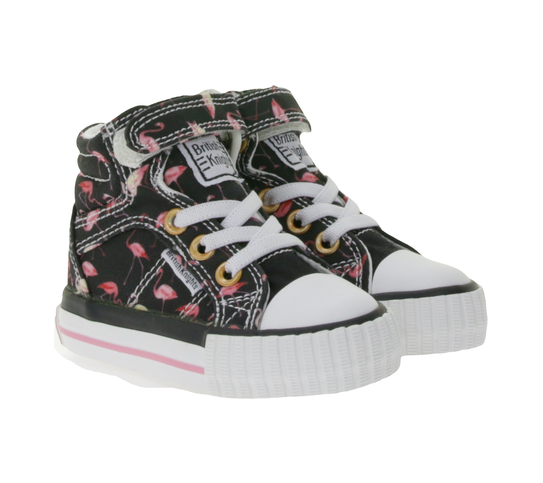 BRITISH KNIGHTS Dee Kleinkinder Mid-Top Sneaker mit Flamingos Mädchen Schnür-Schuhe mit verstärktem Zehenbereich B49-3733I-01 Schwarz/Pink/Weiß von BRITISH KNIGHTS