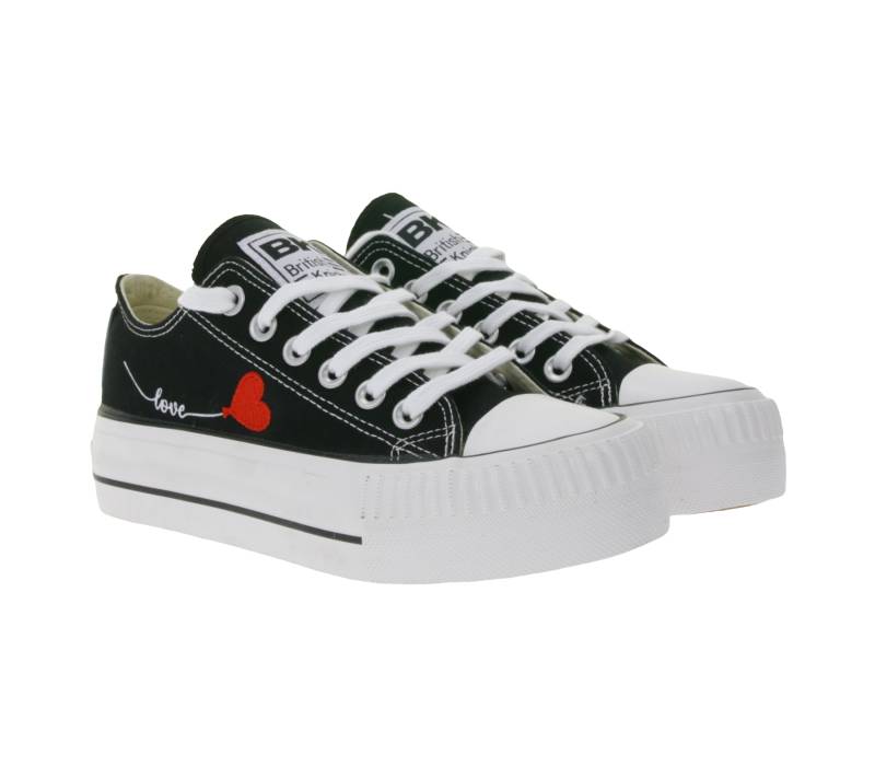 BRITISH KNIGHTS Kaya Low Damen Low-Top Canvas-Sneaker mit Herz-Stickerei und Love-Print Schnür-Schuhe B49-3706-02 Schwarz von BRITISH KNIGHTS