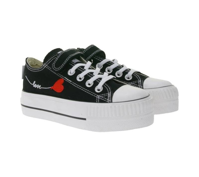 BRITISH KNIGHTS Kaya Low Kinder Low-Top Canvas-Sneaker mit Herz-Stickerei und Love-Print Schnür-Schuhe B49-3706C-02 Schwarz von BRITISH KNIGHTS