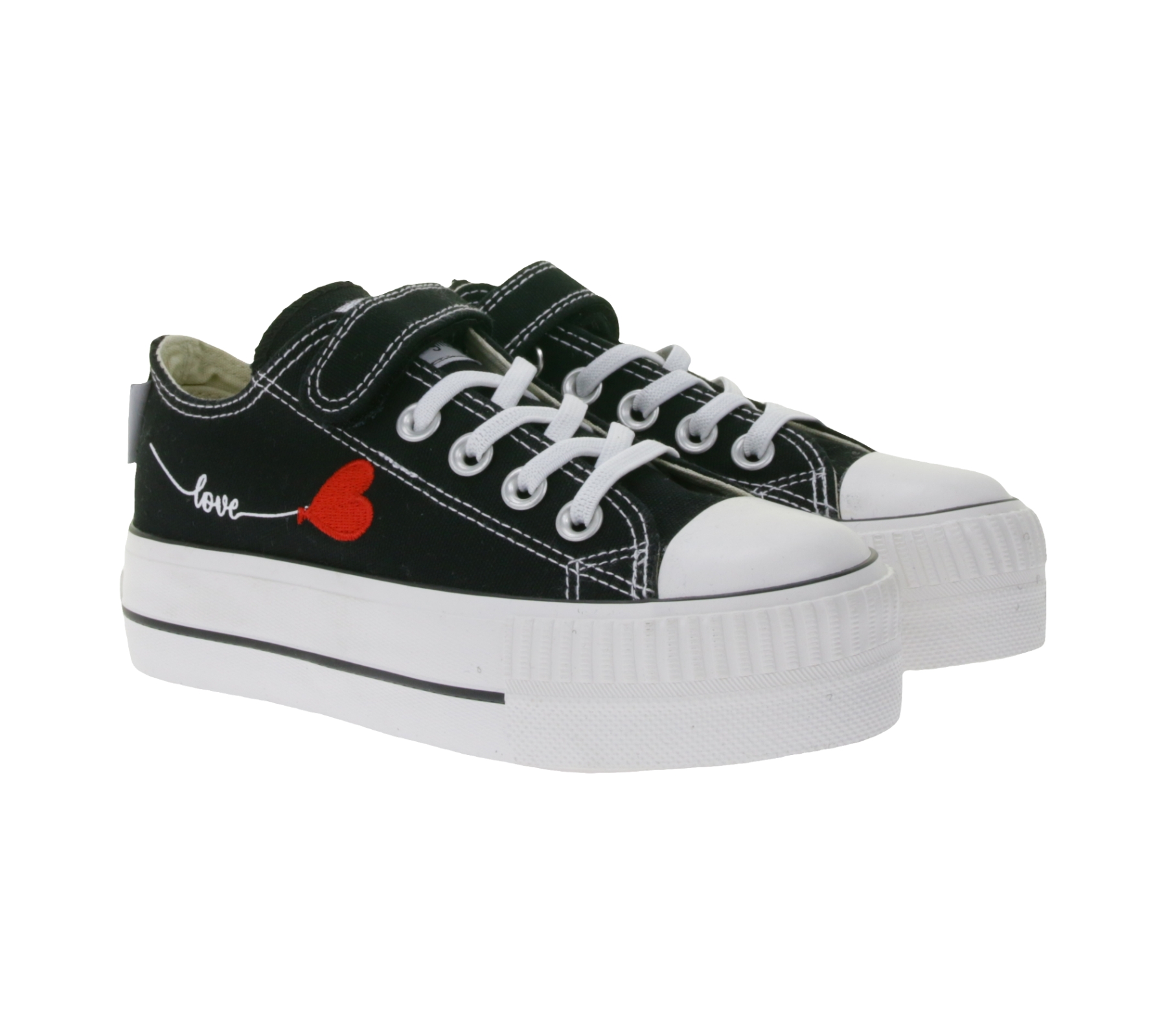 BRITISH KNIGHTS Kaya Low Kinder Low-Top Canvas-Sneaker mit Herz-Stickerei und Love-Print Schnür-Schuhe B49-3706C-02 Schwarz von BRITISH KNIGHTS