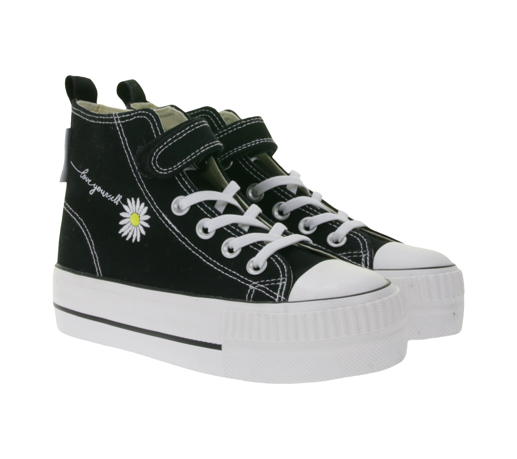 BRITISH KNIGHTS Kaya Mid Kinder Mid-Top Canvas-Sneaker mit dekorativer Blumen-Stickerei & Loveyourself-Print Schnür-Schuhe Teenager Mädchen B49-3710C-01 Schwarz von BRITISH KNIGHTS