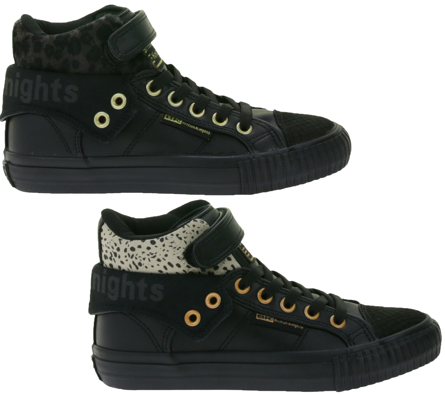 BRITISH KNIGHTS Roco Kinder Mid-Top Sneaker mit Geparden-Muster Schnür-Schuhe mit hoch- oder umklappbaren Schaft Teenager Mädchen B48-3709C Schwarz oder Schwarz/Beige von BRITISH KNIGHTS