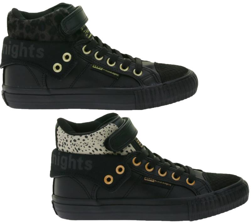 BRITISH KNIGHTS Roco Kinder Mid-Top Sneaker mit Geparden-Muster Schnür-Schuhe mit hoch- oder umklappbaren Schaft Teenager Mädchen B48-3709C Schwarz oder Schwarz/Beige von BRITISH KNIGHTS