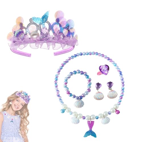 BRITIVIVE Kinder Schmuck Set Mädchen 6 Stücke Schmuckset Mädchen Meerjungfrau Spielzeug Meerjungfrau Schmuck Geschenke Krone Halskette Ohrringe Armbänder Ringe von BRITIVIVE