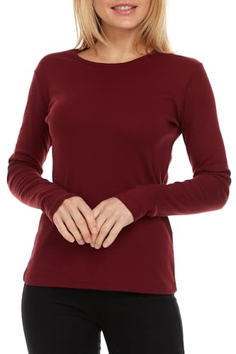 BRIX Damen Langarm T-Shirt - Rundhalsausschnitt Baumwolle T-Shirt Tagless Super Weich Klassisch und tailliert, Burgunder, Mittel von BRIX