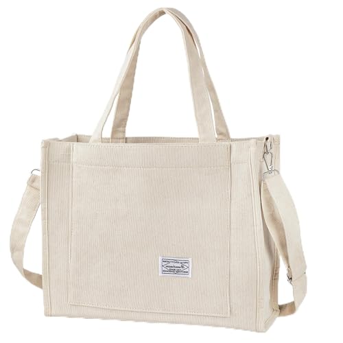 BROADREAM Cord Tasche Damen - Groß Handtasche Umhängetasche mit Reißverschluss,Schultertasche Shopper Damen Henkeltasche für Schule Einkauf Shopper Lässige täglich (XL, Beige) von BROADREAM