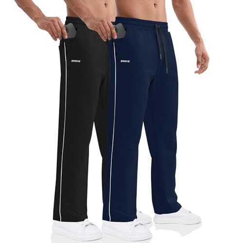 BROKIG 2er Pack Gerade Hose Herren Laufhose Lang Hose Offener Beinabschluss,Loser Passform Sporthose Herren Freizeithose mit Taschen Komfortable Trainingshose für Männer (Schwarz-Marine,XL) von BROKIG