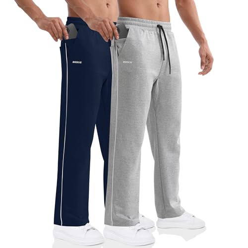BROKIG 2er Pack Gerade Hose Herren Laufhose Lang Hose Offener Beinabschluss,Loser Passform Sporthose Herren Freizeithose mit Taschen Komfortable Trainingshose für Männer (Hellgrau-Marine,XXL) von BROKIG