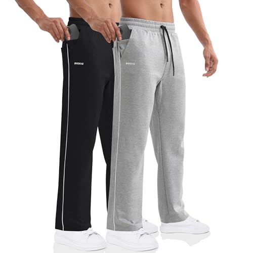 BROKIG 2er Pack Gerade Hose Herren Laufhose Lang Hose Offener Beinabschluss,Loser Passform Sporthose Herren Freizeithose mit Taschen Trainingshose für Männer (Schwarz-Hellgrau,L) von BROKIG