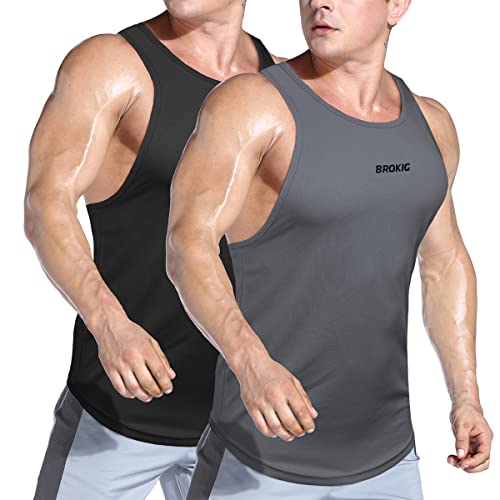 BROKIG 2er Pack Herren Gym Schnell Trocknend Tank Tops Achselshirts Sport Stringer Bodybuilding Trainingsshirt (Schwarz Dunkelgrau,M) von BROKIG