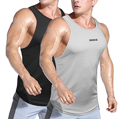 BROKIG 2er Pack Herren Gym Schnell Trocknend Tank Tops Achselshirts Sport Stringer Bodybuilding Trainingsshirt (Schwarz Hellgrau,M) von BROKIG