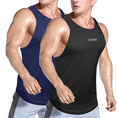 BROKIG 2er Pack Herren Gym Schnell Trocknend Tank Tops Achselshirts Sport Stringer Bodybuilding Trainingsshirt (Schwarz Navy blau,L) von BROKIG