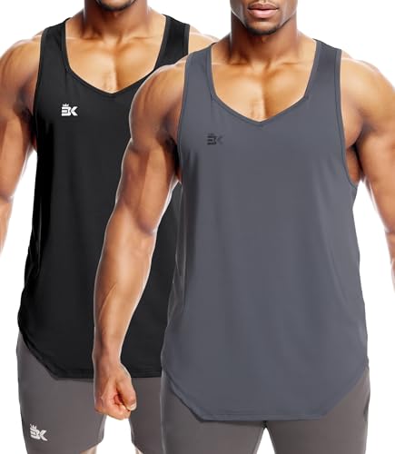 BROKIG 2er Pack Leicht Muskelshirts Herren Unregelmäßiger Ärmelloses Tank Top Herren Gym Workout Quick Dry Laufen Unterhemd (Schwarz-Dunkelgrau,L) von BROKIG