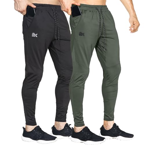 BROKIG 2er Pack Leichte Jogginghose Herren Fitnessstudio Trainingshose Slim Fit Sporthose Lang mit Taschen (Schwarz-Armeegrün,L) von BROKIG