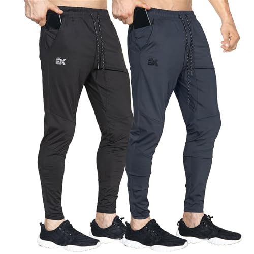 BROKIG 2er Pack Leichte Jogginghose Herren Fitnessstudio Trainingshose Slim Fit Sporthose Lang mit Taschen (Schwarz-Dunkelgrau,L) von BROKIG