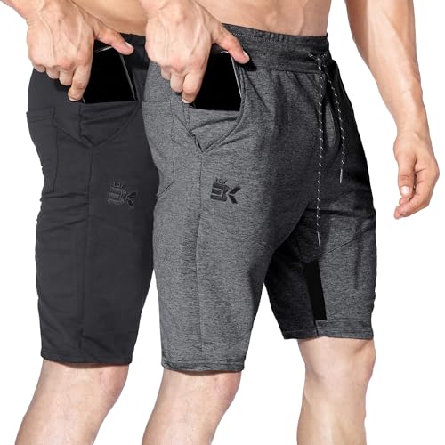 BROKIG 2er Pack Gym Shorts Herren Baumwolle Fitness Sport Shorts Herren Kurze Hose mit Taschen (Schwarz-dunkelgrau,L) von BROKIG