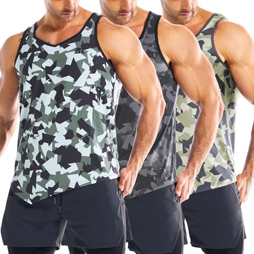 BROKIG 3er Pack Muskelshirts Herren Camouflage, Training Tank Top Herren Gym Workout Tankshirt (Schwarz-Grün-Gelb,L) von BROKIG