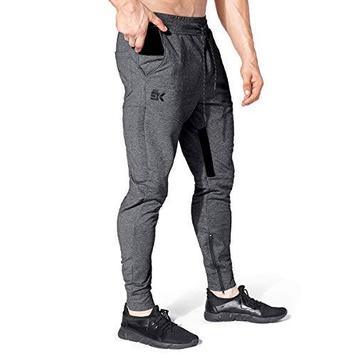 BROKIG Gestreifte Hosen Fitness Jogging Herren Slim Baumwolle mit Reißverschlusstaschen, dunkelgrau, L von BROKIG