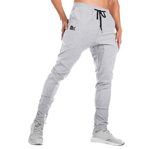 BROKIG Gym Jogginghose Sporthose Herren Lang mit Doppeltasche, Baumwolle Trainingshose Herren Fitness Slim Fit Hose (Hellgrau,L) von BROKIG