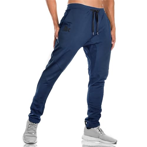 BROKIG Gym Jogginghose Sporthose Herren Lang mit Doppeltasche, Baumwolle Trainingshose Herren Fitness Slim Fit Hose (Navy Blau,XXL) von BROKIG