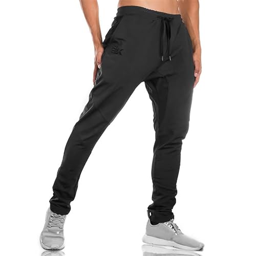 BROKIG Gym Jogginghose Sporthose Herren Lang mit Doppeltasche, Baumwolle Trainingshose Herren Fitness Slim Fit Hose (Schwarz,L) von BROKIG