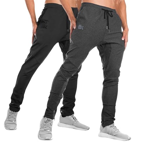 BROKIG Gym Jogginghose Sporthose Herren Lang mit Doppeltasche, Baumwolle Trainingshose Herren Fitness Slim Fit Hose (Schwarz-Dunkelgrau,XL) von BROKIG