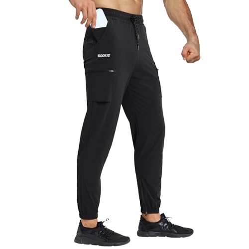 BROKIG Dünn Fitnessstudio Cargohose Sporthose Casual Cargo Hose Herren Freizeithose Elastische Taille mit Kordelzug Trainingshose Herren (Schwarz,M) von BROKIG