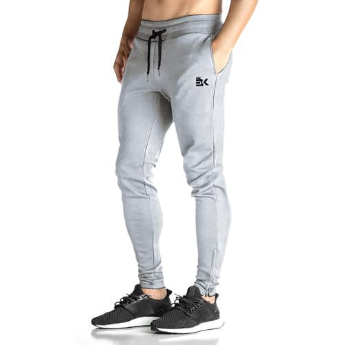 BROKIG Gym Sporthose Herren Lang Eng, Baumwolle Lang Jogginghose Trainingshose Herren mit Verdecktem YKK Reißverschluss (Hellgrau,L) von BROKIG
