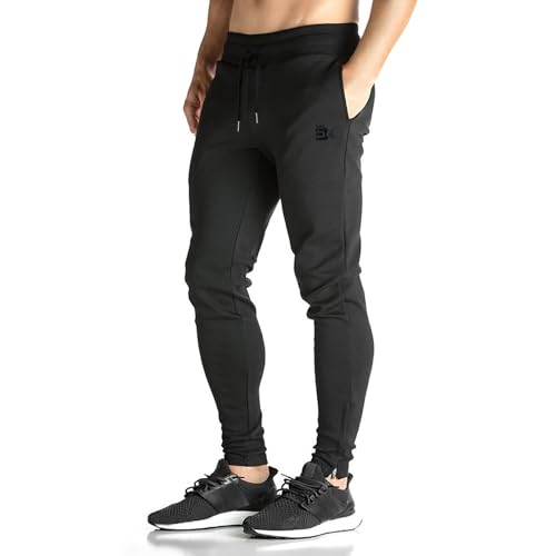 BROKIG Gym Sporthose Herren Lang Eng, Baumwolle Lang Jogginghose Trainingshose Herren mit Verdecktem YKK Reißverschluss (Schwarz,XXL) von BROKIG
