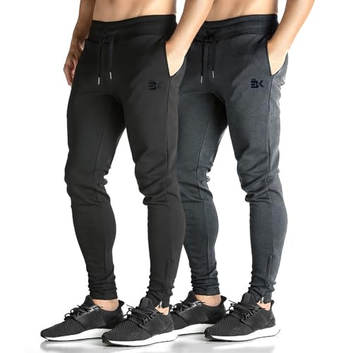 BROKIG Gym Sporthose Herren Lang Eng, Baumwolle Lang Jogginghose Trainingshose Herren mit Verdecktem YKK Reißverschluss (Schwarz-Dunkelgrau,XXL) von BROKIG