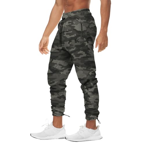 BROKIG Heckseil Gym Sporthose Herren Lang, Fitness Trainingshose Herren Lang Baumwolle Slim Jogginghose Herren Laufhose mit Reißverschlusstasche(Camouflage Grün,XXL) von BROKIG
