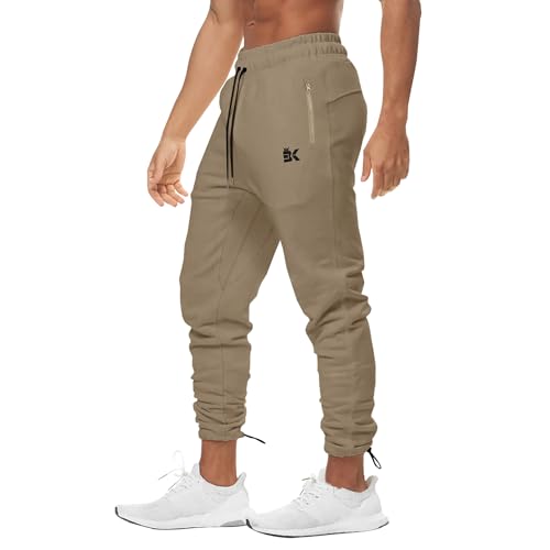 BROKIG Heckseil Gym Sporthose Herren Lang, Fitness Trainingshose Herren Lang Baumwolle Slim Jogginghose Herren Laufhose mit Reißverschlusstasche(Khaki,XXL) von BROKIG