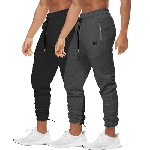 BROKIG Heckseil Gym Sporthose Herren Lang, Fitness Trainingshose Herren Lang Baumwolle Slim Jogginghose Herren Laufhose mit Reißverschlusstasche(Schwarz/Dunkelgrau,XXL) von BROKIG