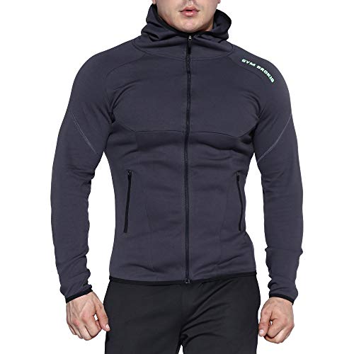 BROKIG Herren Gym Bodybuilding Kapuzenpullover Sweatjacke Sport läuft Pullover Hoodie Sweatshirt Mit Reißverschlusstaschen (L, Dunkelgrau) von BROKIG