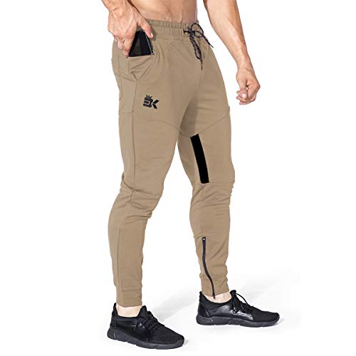 BROKIG Herren-Jogginghose mit Oberschenkel-Mesh-Material, schmale Passform, Trainingshose für Herren, mit Reißverschlusstaschen, beige, 31-35 von BROKIG