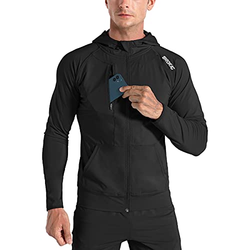 BROKIG Herren-Kapuzenpullover mit Reißverschluss, leichte Sweatshirts für Fitnessstudio, Laufen, Jacke mit Taschen, Schwarz , M von BROKIG