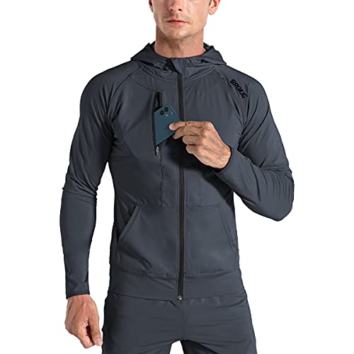 BROKIG Herren-Kapuzenpullover mit Reißverschluss, leichte Sweatshirts für Fitnessstudio, Laufen, Jacke mit Taschen, dunkelgrau, M von BROKIG