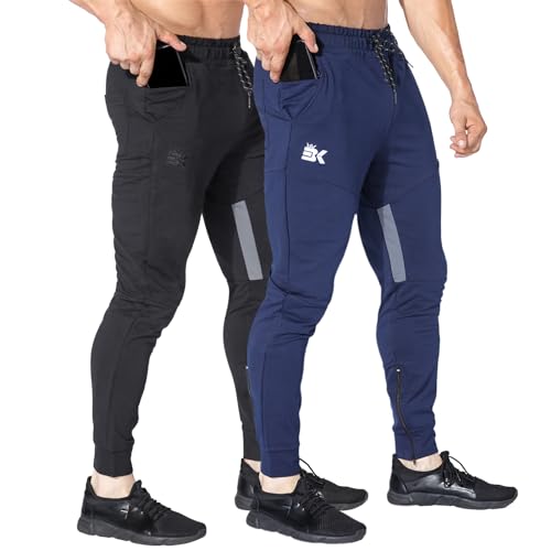 BROKIG Jogginghose Herren Baumwolle Sporthose Joggers Trainingshose Fitness Slim Fit Hose(Schwarz-Navy Blau,XXL) von BROKIG