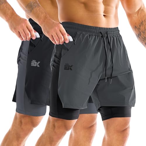 BROKIG Kurze Sporthose Herren 2 in 1 Laufshorts, Leichte Trainingsshorts Gym Shorts Herren (Schwarz-Dunkelgrau,XXL) von BROKIG